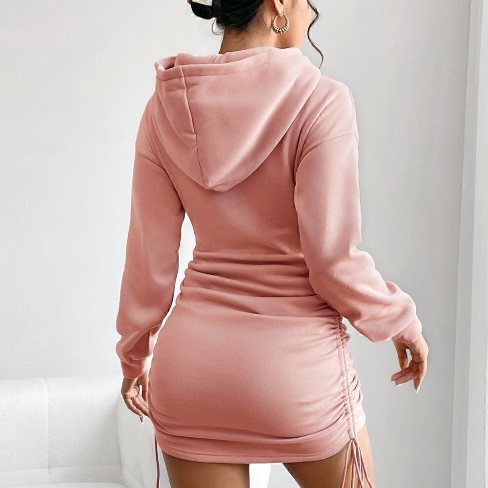 Dusty Pink Casual Womens Drop Shoulder Drawstring Side Hoodie Dress - Picture 2 of 5